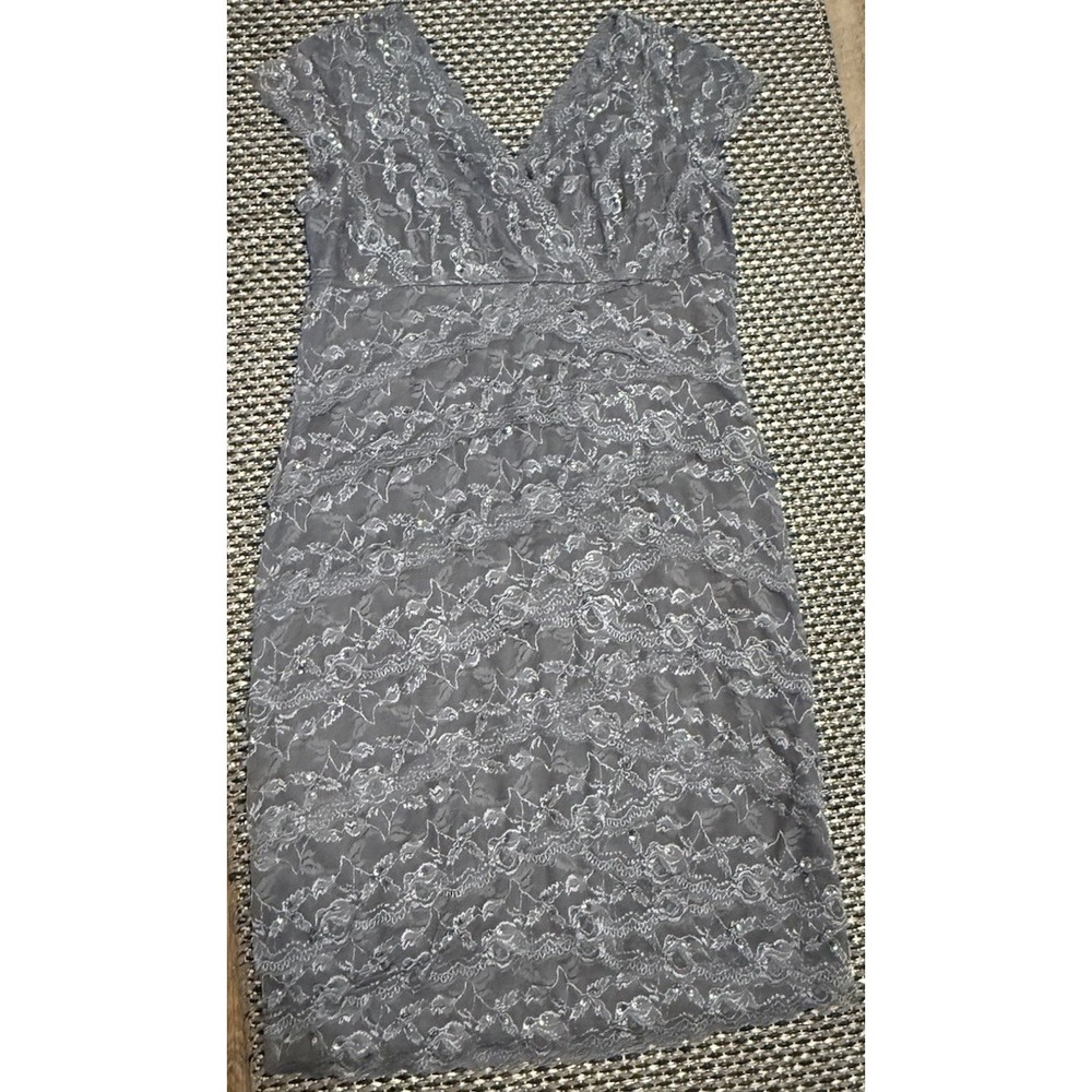 Marina Womens Tiered Lace Dress Lined Gray Silver Sequin Stretch Party Wedding L